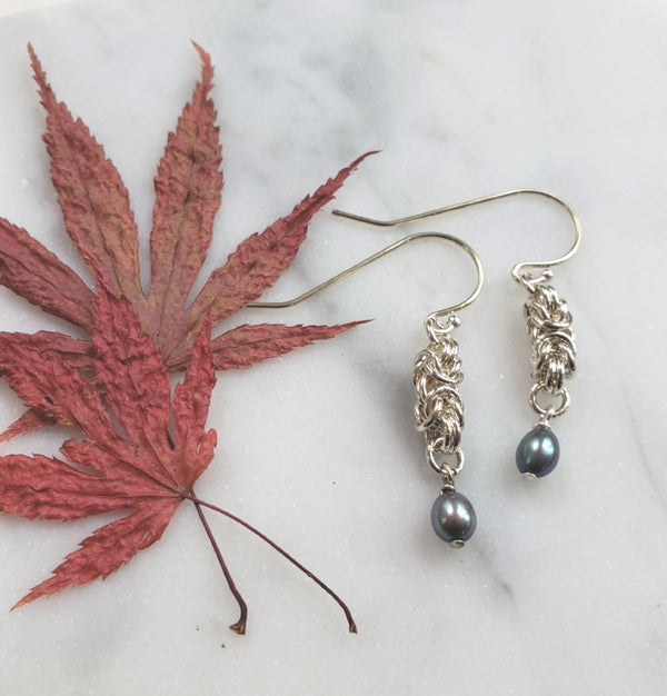 sterling silver earrings in byzantine pattern with blue gray pearls