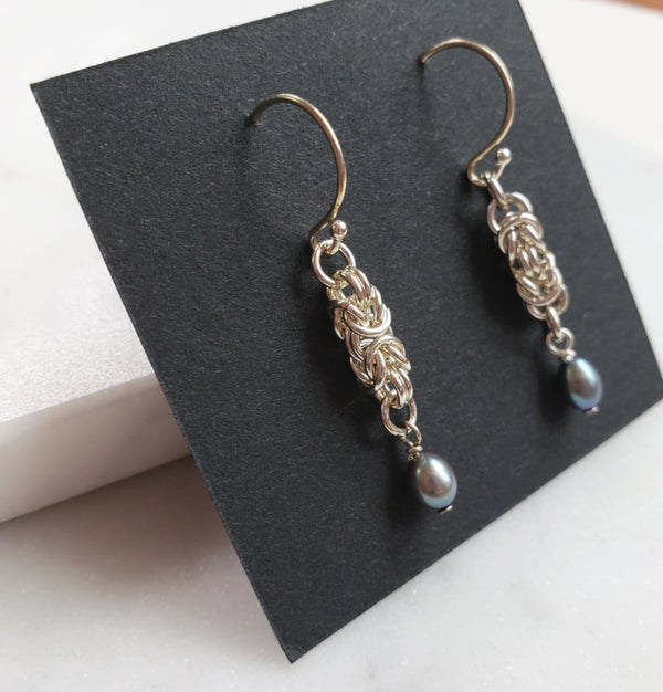 sterling silver earrings in byzantine pattern with blue greay pearls