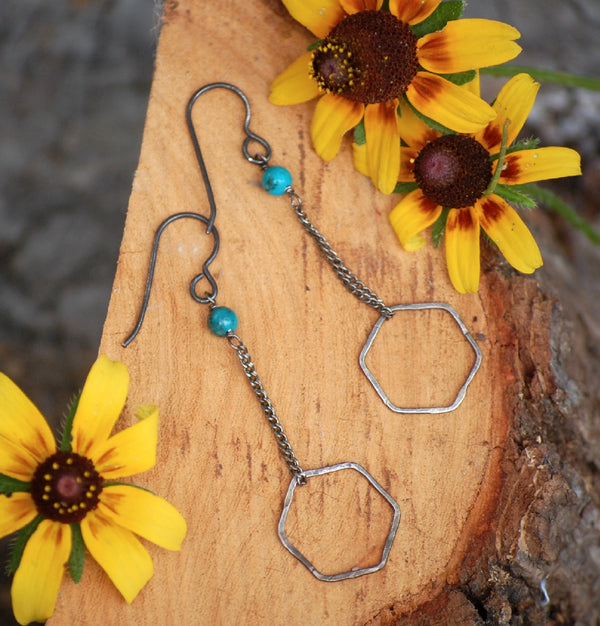 hexagons on a chain with turquoise accent earrings by kbeau jewelry