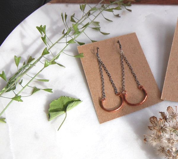 Copper earrings on sterling silver chain with patina finish from kbeau jewelry