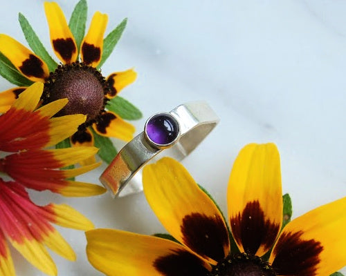 Sterling silver hexagon ring with amethyst stone