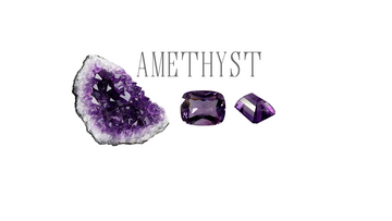 February's birthstone Amethyst there are two faceted amethysts and a geode of amethyst crystals on a white background