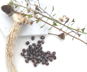 a pile of faceted garnets lying on white marble with a deer antler and dried plants surrounding the garnets