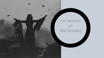 silhouette of witch with outstretched arms and birds flying above her blog post about ring resizing by kbeau jewelry
