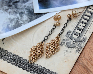 gold chain mail earrings on darkened sterling silver chains by kbeau jewelry