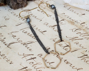 Gold hexagons on sterling silver chains earrings by kbeau jewelry