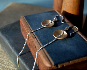 Small bronze domes and sterling silver chain earrings from kbeau jewelry