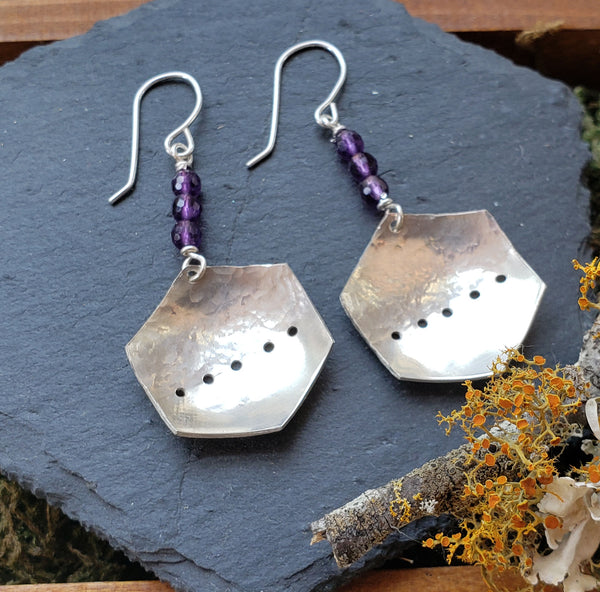 Brushed and Textured Hexagonal Earrings with Amethysts