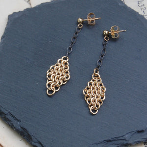 gold chain maille earrings on dark sterling silver chain from kbeau jewelry