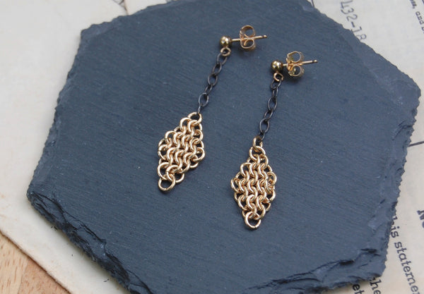 gold chain maille earrings on dark sterling silver chain from kbeau jewelry