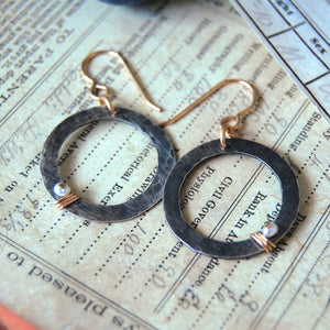 textured sterling silver circles darkened and accented with gold wire and white pearls by kbeau jewelry