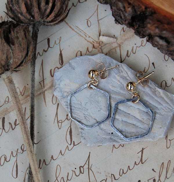 sterling silver hexagons textured and patina on gold-filled ear posts earrings by kbeau jewelry