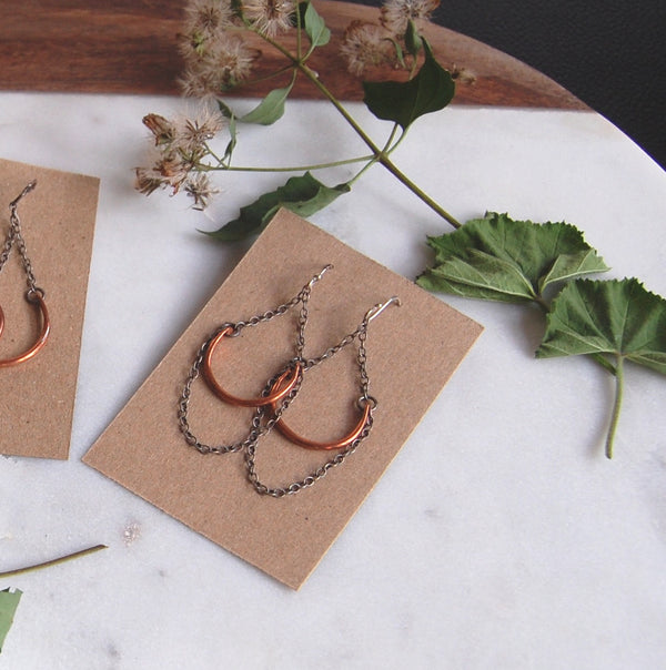 reclaimed copper earrings on sterling silver chains with patina finish from KBeau jewelry