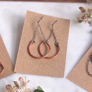 reclaimed copper earrings on sterling silver chain with patina finish from kbeau jewelry