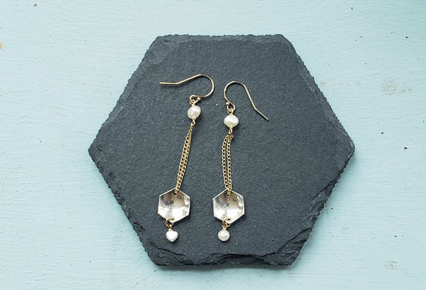 Curved Hexagon Earrings on Gold-fill Chain
